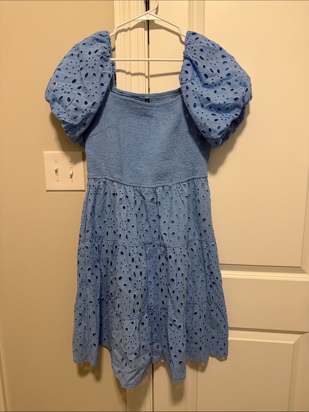 Blue Puff-Sleeve Eyelet Women’s Dress